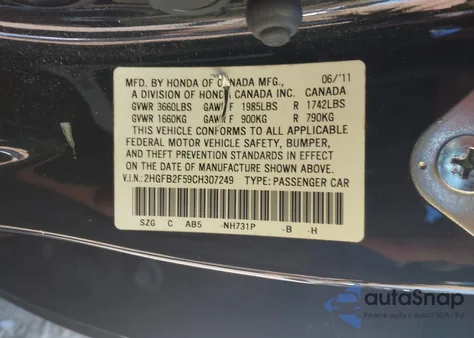 2012 Honda Civic Lx z USA, uszkodzony, nr VIN 2HGFB2F59CH307249